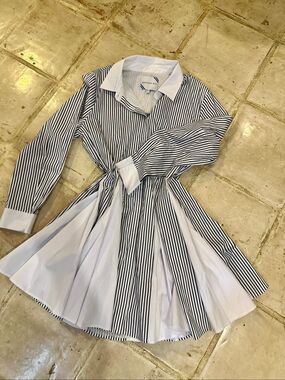 NWT Addison Bay Gable dress. White/navy striped cotton poplin button front dress
